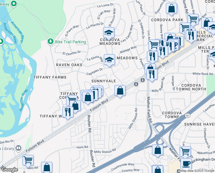 map of restaurants, bars, coffee shops, grocery stores, and more near 2725 El Parque Circle in Rancho Cordova