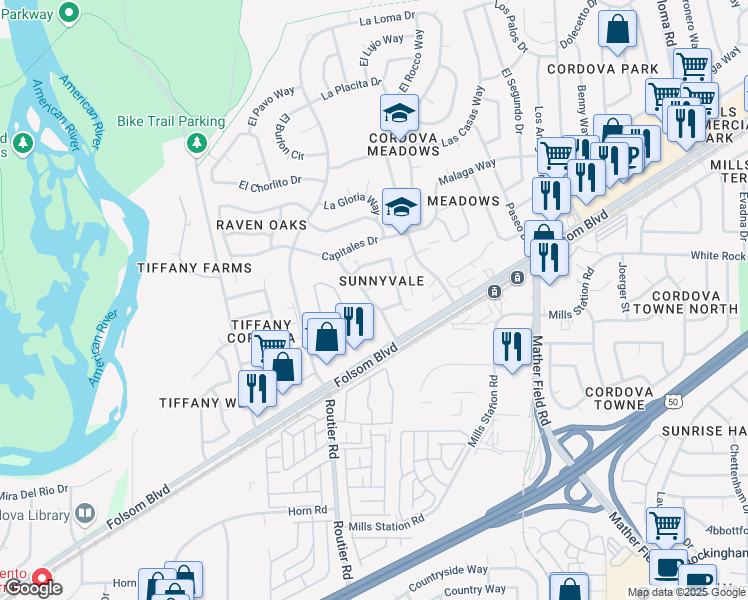 map of restaurants, bars, coffee shops, grocery stores, and more near 2701 Bravado Drive in Rancho Cordova