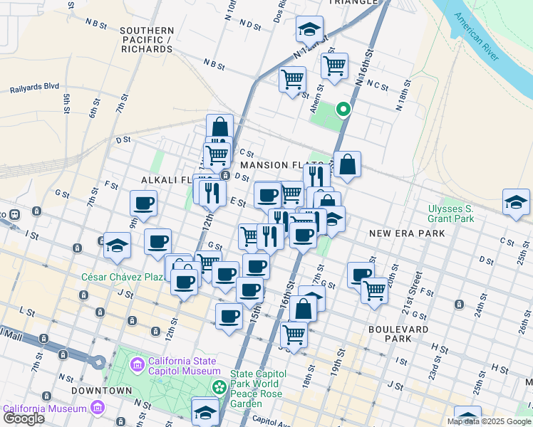map of restaurants, bars, coffee shops, grocery stores, and more near 425 14th Street in Sacramento