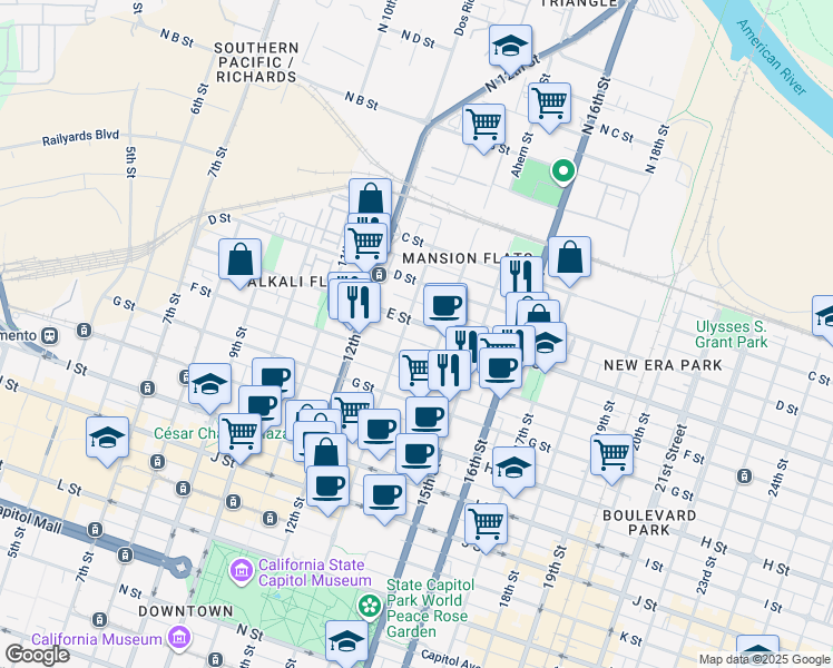 map of restaurants, bars, coffee shops, grocery stores, and more near 501 13th Street in Sacramento