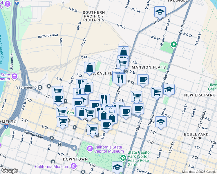 map of restaurants, bars, coffee shops, grocery stores, and more near 1017 F Street in Sacramento