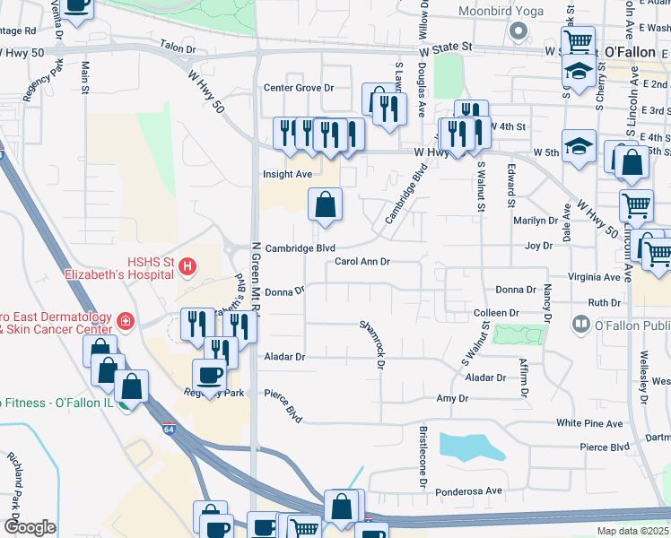 map of restaurants, bars, coffee shops, grocery stores, and more near 676 Carol Ann Drive in O'Fallon