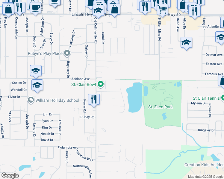 map of restaurants, bars, coffee shops, grocery stores, and more near 110 Lake Saint Ellen Drive in Fairview Heights