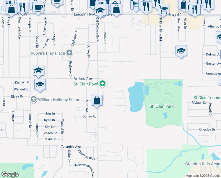 map of restaurants, bars, coffee shops, grocery stores, and more near 110 Lake Saint Ellen Drive in Fairview Heights