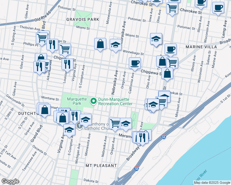 map of restaurants, bars, coffee shops, grocery stores, and more near 3920 Nebraska Avenue in St. Louis