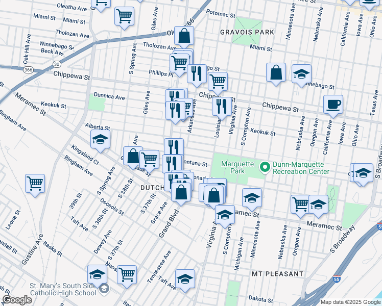 map of restaurants, bars, coffee shops, grocery stores, and more near 3441 Osage Street in St. Louis