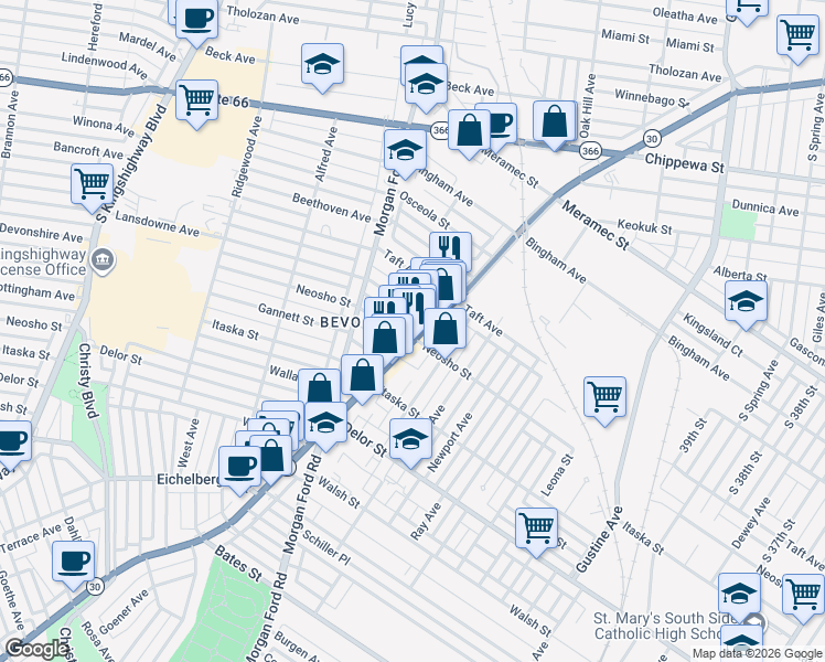 map of restaurants, bars, coffee shops, grocery stores, and more near 4216 Ellenwood Avenue in St. Louis