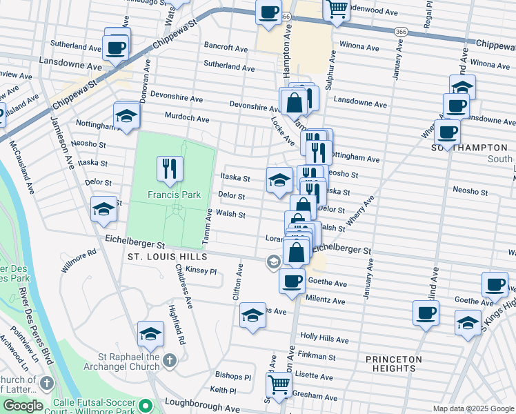 map of restaurants, bars, coffee shops, grocery stores, and more near 6226 Delor Street in St. Louis
