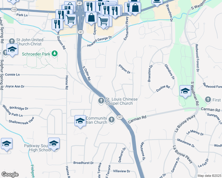 map of restaurants, bars, coffee shops, grocery stores, and more near 551 Enchanted Parkway in Ballwin