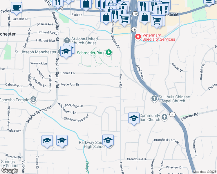 map of restaurants, bars, coffee shops, grocery stores, and more near 801 Joyceann Drive in Ballwin
