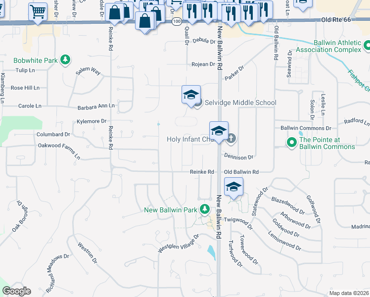 map of restaurants, bars, coffee shops, grocery stores, and more near 267 Windy Acres Estates Drive in Ballwin