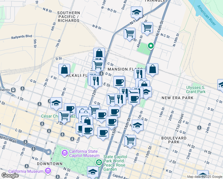 map of restaurants, bars, coffee shops, grocery stores, and more near 501 13th Street in Sacramento