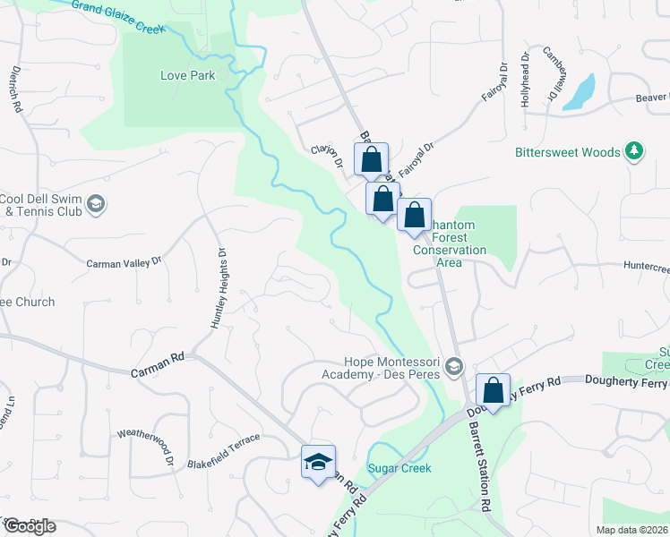 map of restaurants, bars, coffee shops, grocery stores, and more near 2721 Barrett Station Road in Ballwin