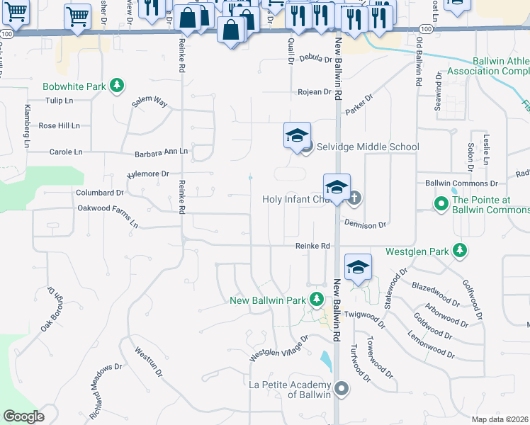 map of restaurants, bars, coffee shops, grocery stores, and more near 215 Village Creek Court in Ballwin
