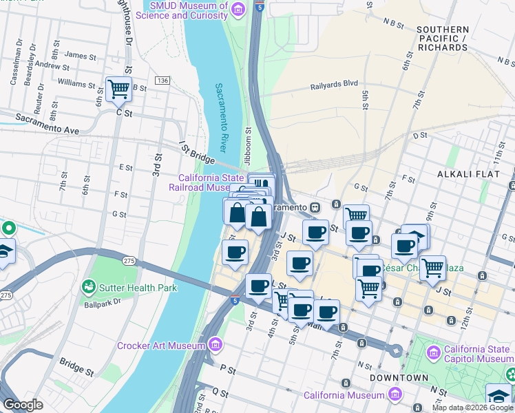 map of restaurants, bars, coffee shops, grocery stores, and more near 113 I Street in Sacramento