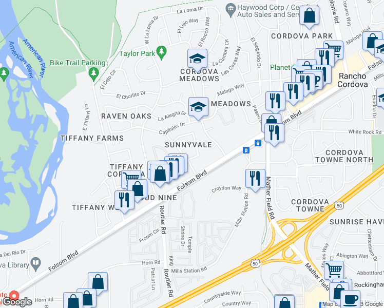 map of restaurants, bars, coffee shops, grocery stores, and more near 2728 El Parque Circle in Rancho Cordova