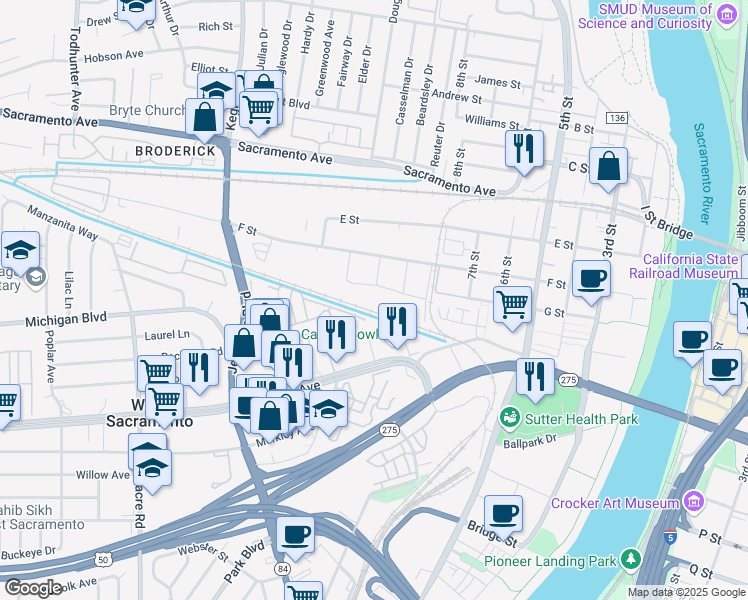 map of restaurants, bars, coffee shops, grocery stores, and more near 849 F Street in West Sacramento