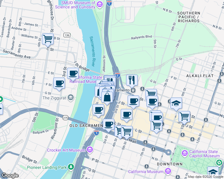 map of restaurants, bars, coffee shops, grocery stores, and more near 201 I Street in Sacramento