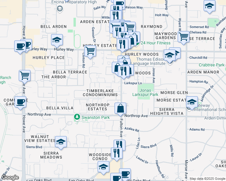 map of restaurants, bars, coffee shops, grocery stores, and more near 1065 Fulton Avenue in Sacramento