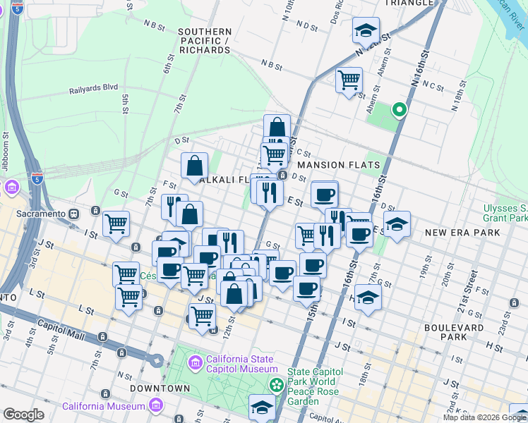 map of restaurants, bars, coffee shops, grocery stores, and more near 1125 F Street in Sacramento