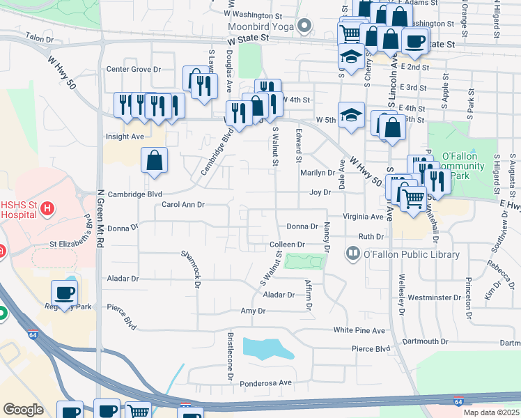 map of restaurants, bars, coffee shops, grocery stores, and more near 410 Nancy Drive in O'Fallon