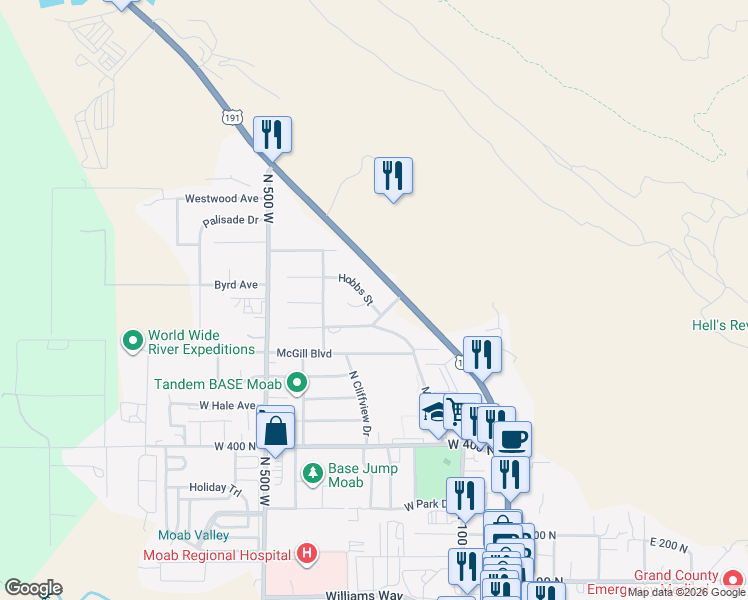 map of restaurants, bars, coffee shops, grocery stores, and more near 278 Hobbs Street in Moab