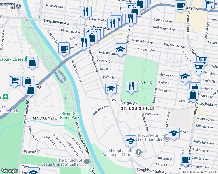 map of restaurants, bars, coffee shops, grocery stores, and more near 6546 Walsh Street in St. Louis