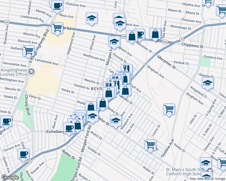 map of restaurants, bars, coffee shops, grocery stores, and more near 4215 Neosho Street in St. Louis