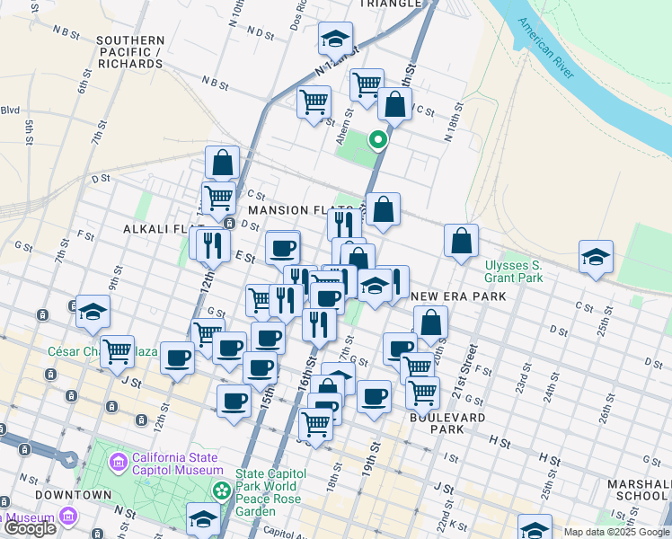 map of restaurants, bars, coffee shops, grocery stores, and more near 414 16th Street in Sacramento