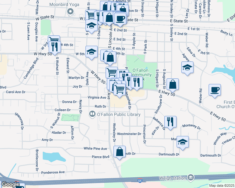 map of restaurants, bars, coffee shops, grocery stores, and more near 300 Southview Plaza in O'Fallon