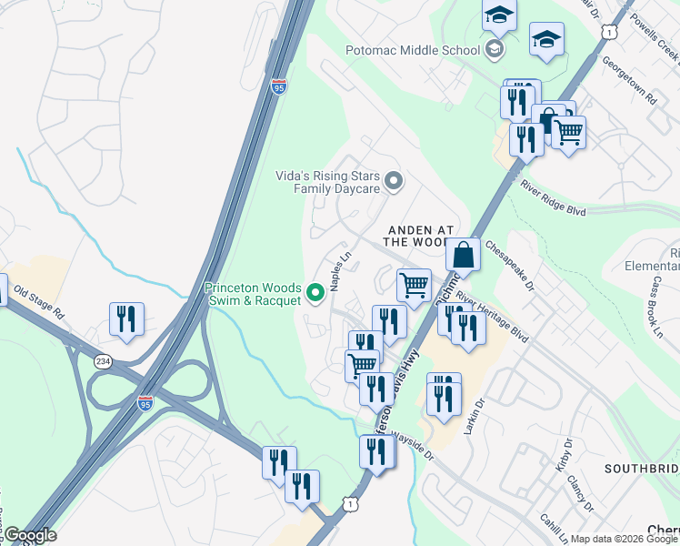 map of restaurants, bars, coffee shops, grocery stores, and more near 16987 Monmouth Court in Dumfries