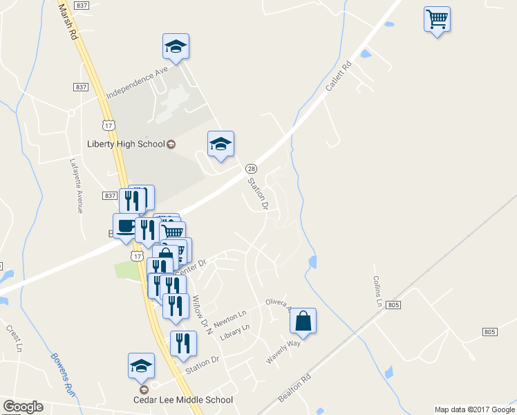 map of restaurants, bars, coffee shops, grocery stores, and more near 10794 Grimbert Court in Bealeton