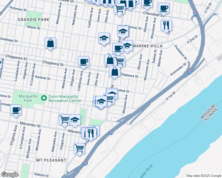 map of restaurants, bars, coffee shops, grocery stores, and more near 3858 Texas Avenue in St. Louis