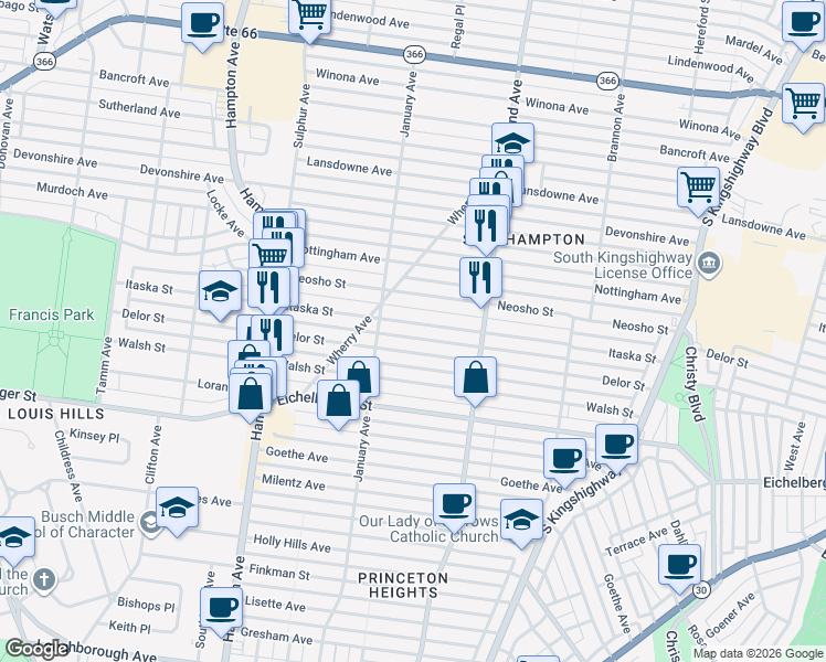 map of restaurants, bars, coffee shops, grocery stores, and more near 5520 Itaska Street in St. Louis