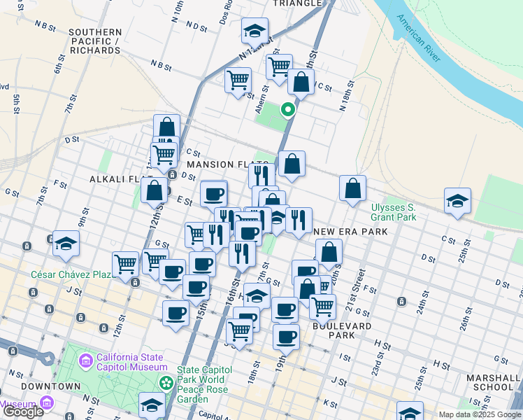 map of restaurants, bars, coffee shops, grocery stores, and more near in Sacramento