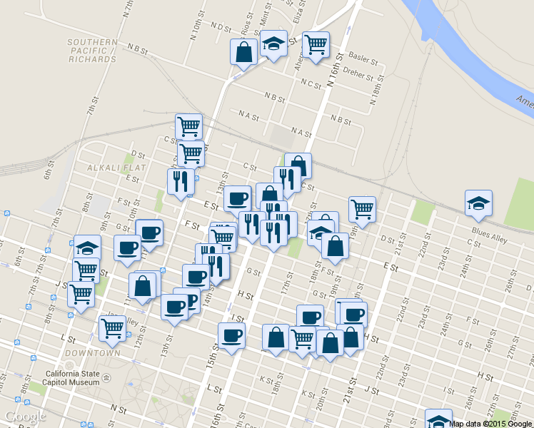 map of restaurants, bars, coffee shops, grocery stores, and more near 411 15th Street in Sacramento