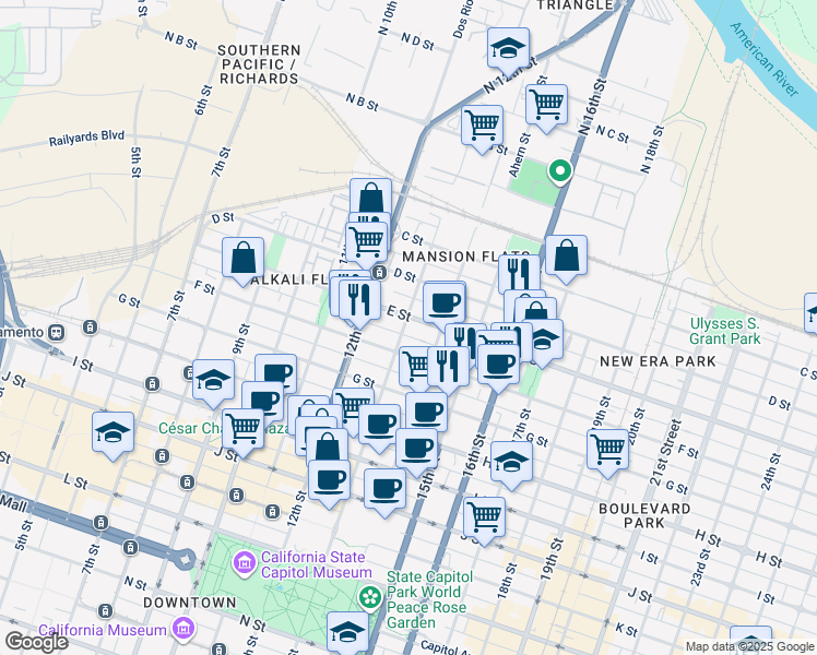 map of restaurants, bars, coffee shops, grocery stores, and more near 501 13th Street in Sacramento