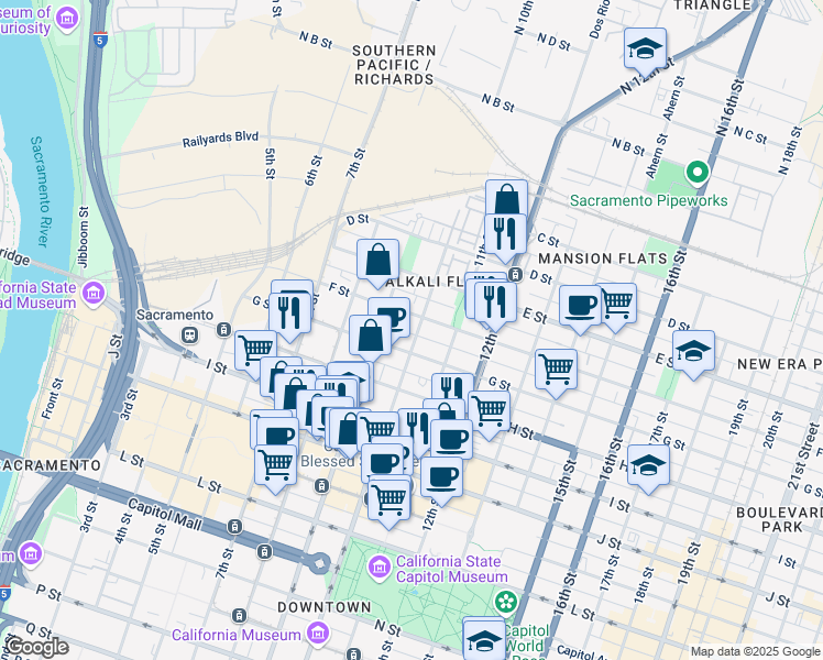 map of restaurants, bars, coffee shops, grocery stores, and more near 609 9th Street in Sacramento