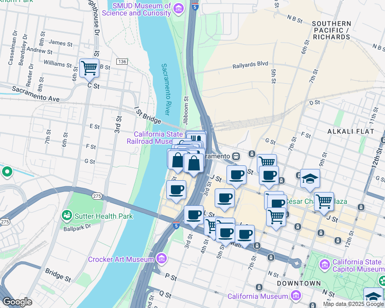 map of restaurants, bars, coffee shops, grocery stores, and more near 113 I Street in Sacramento