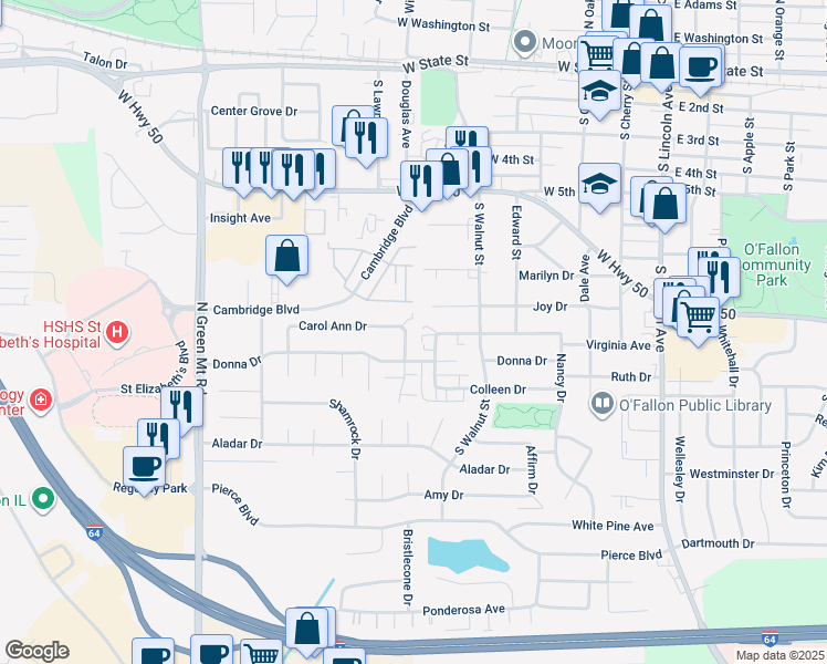 map of restaurants, bars, coffee shops, grocery stores, and more near 910 Terrace Court in O'Fallon