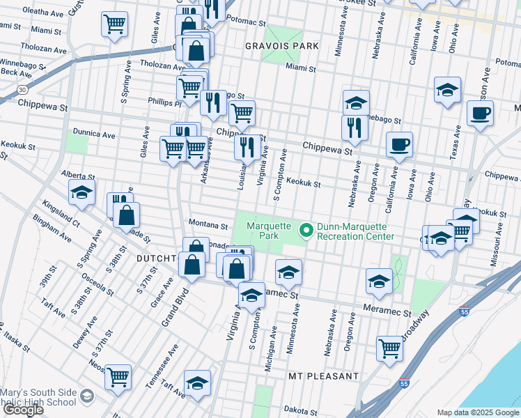 map of restaurants, bars, coffee shops, grocery stores, and more near 3950 Virginia Avenue in St. Louis