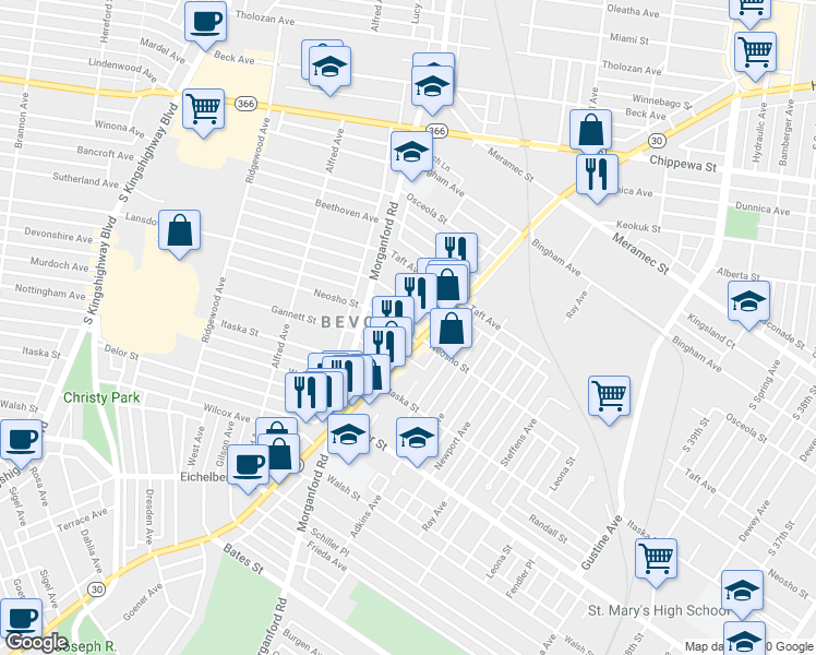 map of restaurants, bars, coffee shops, grocery stores, and more near 4216 Ellenwood Avenue in St. Louis
