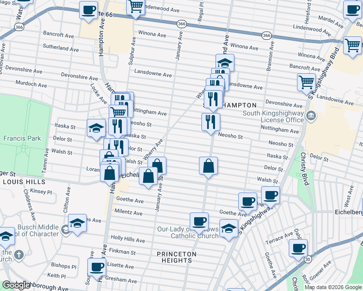map of restaurants, bars, coffee shops, grocery stores, and more near 5520 Itaska Street in St. Louis