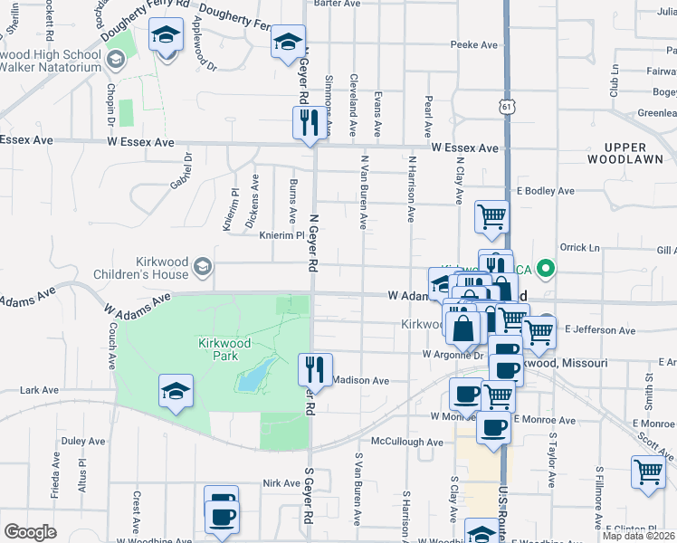 map of restaurants, bars, coffee shops, grocery stores, and more near 418 West Washington Avenue in Kirkwood