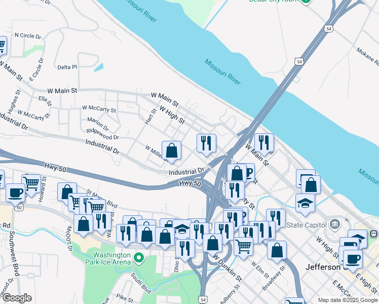 map of restaurants, bars, coffee shops, grocery stores, and more near 1004 West McCarty Street in Jefferson City