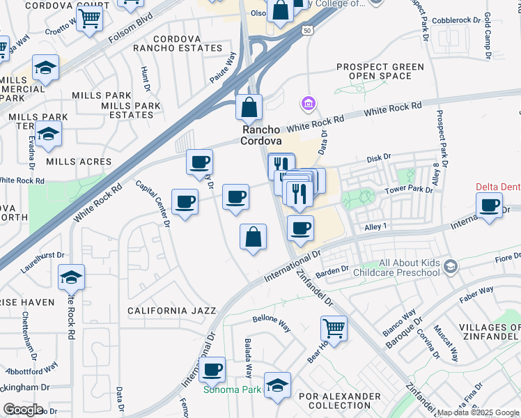 map of restaurants, bars, coffee shops, grocery stores, and more near 3188 Zinfandel Drive in Rancho Cordova