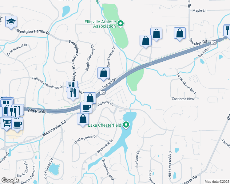 map of restaurants, bars, coffee shops, grocery stores, and more near 16335 Lakefield Place Drive in Wildwood