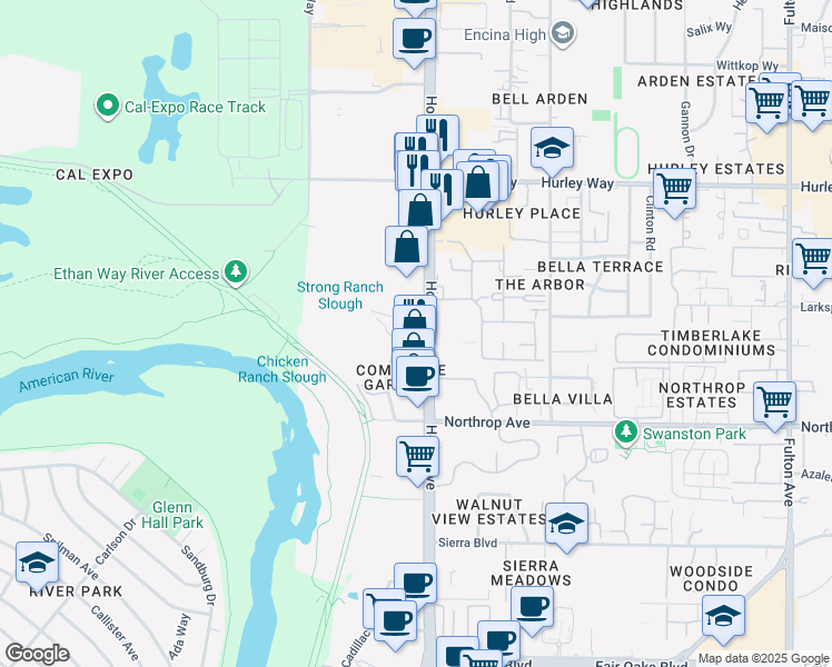 map of restaurants, bars, coffee shops, grocery stores, and more near 1001 Howe Avenue in Sacramento