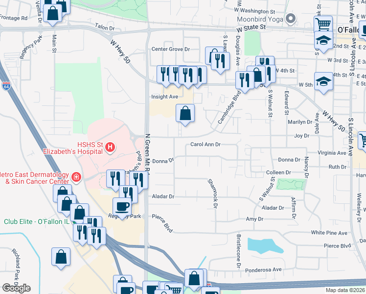 map of restaurants, bars, coffee shops, grocery stores, and more near 708 Carol Ann Drive in O'Fallon