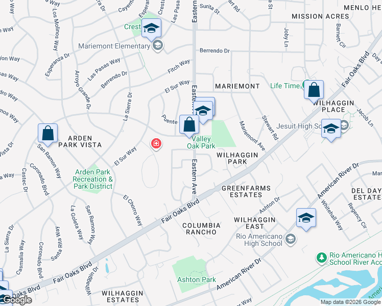 map of restaurants, bars, coffee shops, grocery stores, and more near 1056 Entrada Road in Sacramento